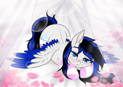 Size: 3465x2454 | Tagged: safe, alternate character, alternate version, artist:sparkling_light base, part of a set, oc, oc only, oc:black ice, pegasus, pony, ass up, bed, bedroom eyes, blushing, clothes, cute, face down ass up, female, flower, high res, looking at you, mare, simple background, socks, solo, spread wings, striped socks, wings, ych result