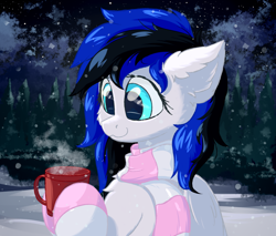 Size: 1200x1024 | Tagged: safe, artist:oblique, oc, oc only, oc:black ice, pegasus, pony, bust, clothes, cup, cute, ear fluff, female, mare, scarf, simple background, snow, socks, solo, striped socks, winter