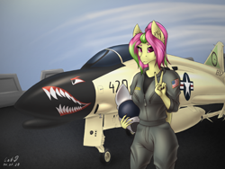 Size: 3200x2400 | Tagged: safe, artist:catd, artist:catd-nsfw, oc, oc only, oc:mollydv, pegasus, anthro, aircraft, airforce, clothes, f-4 phantom ii, female, high res, peace sign, pilot, smiling, solo, uniform