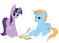 Size: 900x654 | Tagged: safe, artist:dragon-rider596, twilight sparkle, oc, oc:harmony star, alicorn, pony, unicorn, g4, alicorn oc, book, canon x oc, female, horn, levitation, magic, male, pencil, shipping, simple background, stallion, straight, telekinesis, transparent background, twimony, unicorn twilight