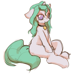 Size: 1500x1499 | Tagged: safe, artist:ruby, oc, oc only, oc:rivana, pony, unicorn, 2020 community collab, derpibooru community collaboration, bell, floppy ears, missing cutie mark, no pupils, simple background, sitting, solo, transparent background