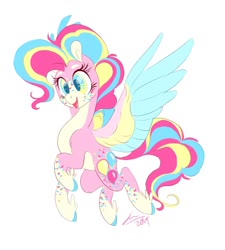 Size: 900x1000 | Tagged: safe, artist:creeate97, pinkie pie, pegasus, pony, g4, colored wings, female, g5 concept leak style, g5 concept leaks, happy, heterochromia, mare, multicolored hair, multicolored mane, multicolored tail, pegasus pinkie pie, pinkie pie (g5 concept leak), race swap, simple background, solo, white background, wings