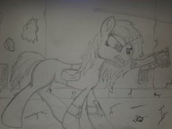 Size: 2016x1512 | Tagged: safe, artist:straighttothepointstudio, oc, oc only, oc:enmity, pony, unicorn, fallout equestria, 10mm pistol, angry, building, bullet, bullet casing, cracks, female, gun, handgun, leg guards, long hair, long mane, mare, pistol, road, satchel, short tail, sidewalk, solo, traditional art, weapon