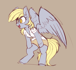 Size: 1955x1793 | Tagged: safe, artist:yoditax, derpy hooves, pegasus, anthro, unguligrade anthro, g4, arm hooves, breasts, cleavage, clothes, cute, derpabetes, eye clipping through hair, female, leaning, no pupils, open mouth, shirt, shorts, simple background, solo, tan background