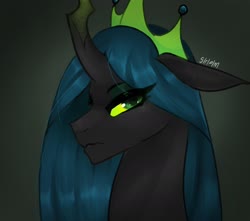 Size: 1736x1536 | Tagged: safe, artist:siripim111, queen chrysalis, changeling, changeling queen, g4, the ending of the end, black background, bust, crown, female, frown, jewelry, portrait, regalia, simple background, solo, ultimate chrysalis