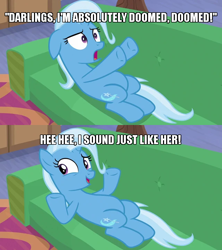 Size: 640x720 | Tagged: safe, edit, edited screencap, screencap, trixie, pony, unicorn, g4, road to friendship, the saddle row review, behaving like rarity, belly, caption, comic, couch, cropped, darling, female, grin, image macro, lying down, meme, screencap comic, smiling, solo, text, worried