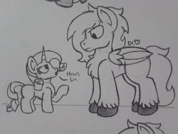 Size: 2576x1932 | Tagged: safe, artist:drheartdoodles, rarity, oc, oc:dr.heart, clydesdale, pegasus, pony, unicorn, g4, simple background, size difference, traditional art