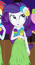 Size: 299x555 | Tagged: safe, screencap, fluttershy, rainbow dash, rarity, equestria girls, g4, shake your tail, cropped, cute, female, flower, flower in hair, hularity, offscreen character, raribetes