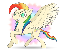 Size: 2421x2020 | Tagged: safe, artist:underwoodart, oc, oc only, oc:shooting star, pegasus, pony, flight of the valkyrie, the tale of two sisters, colored wings, eyebrow slit, eyebrows, gradient background, gradient wings, high res, mullet, multicolored hair, pegasus oc, rainbow hair, simple background, smug, solo, transparent background, wings