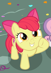 Size: 619x886 | Tagged: safe, screencap, apple bloom, earth pony, pony, g4, the fault in our cutie marks, adorabloom, bow, cropped, cute, female, filly, hair bow, offscreen character, raised hoof, smiling, solo