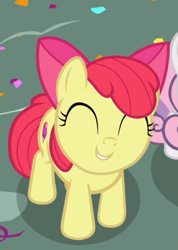 Size: 600x842 | Tagged: safe, screencap, apple bloom, earth pony, pony, g4, the fault in our cutie marks, adorabloom, bow, cropped, cute, eyes closed, female, filly, hair bow, offscreen character, smiling, solo