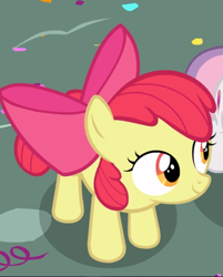 Size: 675x839 | Tagged: safe, screencap, apple bloom, earth pony, pony, g4, the fault in our cutie marks, adorabloom, bow, cropped, cute, female, filly, hair bow, offscreen character, smiling, solo