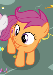 Size: 583x820 | Tagged: safe, screencap, scootaloo, pegasus, pony, g4, the fault in our cutie marks, cropped, cute, cutealoo, female, filly, offscreen character, smiling, solo