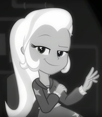 Size: 210x240 | Tagged: safe, screencap, trixie, equestria girls, equestria girls series, g4, rarity investigates: the case of the bedazzled boot, clothes, cropped, female, grayscale, monochrome, rarity investigates (eqg): trixie, solo