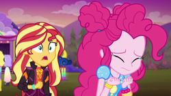 Size: 1920x1080 | Tagged: safe, screencap, pinkie pie, snow flower, sunset shimmer, equestria girls, equestria girls series, g4, sunset's backstage pass!, spoiler:eqg series (season 2), crying, female, music festival outfit