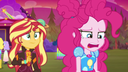Size: 1600x900 | Tagged: safe, screencap, pinkie pie, sunset shimmer, equestria girls, equestria girls specials, g4, my little pony equestria girls: better together, my little pony equestria girls: sunset's backstage pass, female, geode of empathy, geode of sugar bombs, magical geodes, music festival outfit