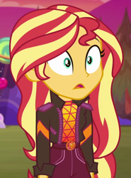 Size: 743x1003 | Tagged: safe, screencap, sunset shimmer, equestria girls, equestria girls specials, g4, my little pony equestria girls: better together, my little pony equestria girls: sunset's backstage pass, cropped, female, geode of empathy, magical geodes, music festival outfit, shrunken pupils, solo