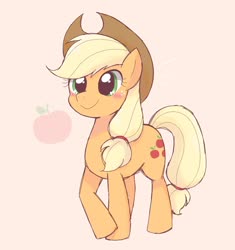 Size: 1721x1827 | Tagged: safe, artist:ginmaruxx, applejack, earth pony, pony, g4, apple, blushing, cowboy hat, cute, female, hat, jackabetes, mare, obligatory apple, pink background, pixiv, simple background, solo
