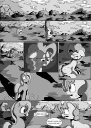 Size: 1024x1449 | Tagged: safe, artist:kingpincc, pinkie pie, trixie, earth pony, pony, unicorn, scootertrix the abridged, scootertrix the abridged: the movie, g4, boulder, cloud, comic, crying, dialogue, duo, duo female, female, implied discord, mare, monochrome, open mouth, part of a series, rock, sad, sun, surprised, sweat, sweatdrop, teleportation, wavy mouth