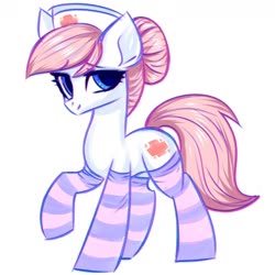 Size: 1300x1300 | Tagged: dead source, safe, artist:mysha, nurse redheart, earth pony, pony, g4, clothes, cute, female, heartabetes, mare, simple background, socks, solo, striped socks, thigh highs, white background