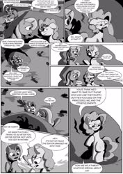 Size: 1024x1449 | Tagged: safe, artist:kingpincc, part of a set, discord, pinkie pie, trixie, draconequus, earth pony, pony, unicorn, scootertrix the abridged, scootertrix the abridged: the movie, g4, bags under eyes, boulder, comic, dialogue, duo focus, female, fourth wall, frizzy hair, implied princess luna, male, mare, messy hair, messy mane, monochrome, open mouth, part of a series, rock, youtube