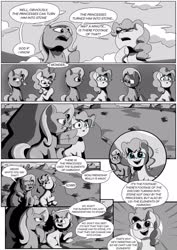 Size: 1024x1449 | Tagged: safe, artist:kingpincc, part of a set, pinkie pie, trixie, earth pony, pony, unicorn, scootertrix the abridged, scootertrix the abridged: the movie, g4, black and white, boulder, cloud, comic, dialogue, duo, duo female, female, grayscale, happy, implied discord, mare, monochrome, open mouth, part of a series, partial color, smiling, wingding eyes