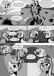 Size: 1024x1449 | Tagged: safe, artist:kingpincc, part of a set, discord, pinkie pie, trixie, draconequus, earth pony, pony, unicorn, scootertrix the abridged, scootertrix the abridged: the movie, g4, comic, fear, gritted teeth, monochrome, part of a series, scared, smiling