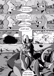 Size: 1920x2716 | Tagged: safe, artist:kingpincc, part of a set, discord, pinkie pie, trixie, earth pony, pegasus, pony, scootertrix the abridged, scootertrix the abridged: the movie, g4, attempted murder, comic, female, fourth wall, male, mare, may the fourth be with you, monochrome, part of a series, reference, star wars