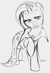 Size: 838x1208 | Tagged: safe, artist:dotkwa, trixie, pony, unicorn, g4, bedroom eyes, brooch, cape, clothes, female, grayscale, jewelry, lineart, looking at you, mare, monochrome, open mouth, raised hoof, simple background, solo, trixie's brooch, trixie's cape, white background