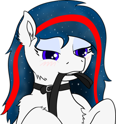 Size: 3784x4033 | Tagged: safe, alternate version, artist:poniidesu, oc, oc only, earth pony, pony, bedroom eyes, blushing, cheek fluff, chest fluff, collar, ear fluff, ethereal mane, eyeliner, female, leash, makeup, mare, mouth hold, pet play, simple background, starry mane, transparent background