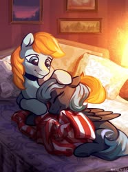 Size: 1024x1374 | Tagged: safe, artist:nancy-05, oc, oc only, earth pony, pegasus, pony, bed, blanket, cuddling, duo, eyes closed, pillow