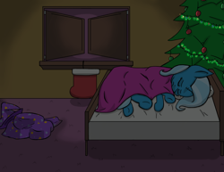 Size: 1650x1275 | Tagged: safe, artist:kingpincc, trixie, pony, unicorn, g4, bed, christmas, christmas lights, christmas stocking, christmas tree, female, frown, holiday, lying down, mare, sad, sleeping, solo, the sad and depressive trixie, tree, under the covers, window