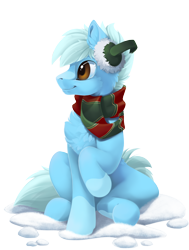 Size: 2648x3508 | Tagged: safe, artist:arctic-fox, oc, oc only, earth pony, pony, chest fluff, clothes, earmuffs, high res, scarf, simple background, snow, solo, transparent background