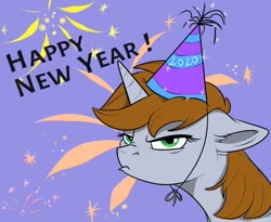 Size: 800x655 | Tagged: safe, artist:rutkotka, oc, oc only, oc:littlepip, pony, unicorn, fallout equestria, abstract background, bust, fanfic, fanfic art, female, fireworks, floppy ears, frown, grumpy, happy new year, hat, holiday, horn, mare, party hat, portrait, solo