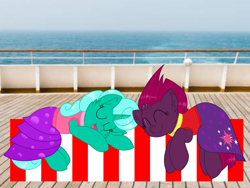 Size: 1440x1080 | Tagged: safe, artist:rainbow eevee edits, artist:徐詩珮, fizzlepop berrytwist, glitter drops, tempest shadow, pony, unicorn, series:sprglitemplight diary, series:sprglitemplight life jacket days, series:springshadowdrops diary, series:springshadowdrops life jacket days, g4, alternate universe, broken horn, cute, female, glitterbetes, horn, lesbian, nap, paw patrol, ship:glittershadow, shipping, sleeping, tempestbetes