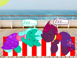 Size: 1440x1080 | Tagged: safe, artist:rainbow eevee edits, artist:徐詩珮, fizzlepop berrytwist, glitter drops, tempest shadow, pony, unicorn, series:sprglitemplight diary, series:sprglitemplight life jacket days, series:springshadowdrops diary, series:springshadowdrops life jacket days, g4, alternate universe, broken horn, cute, eyes closed, female, glitterbetes, horn, lesbian, nap, onomatopoeia, paw patrol, ship:glittershadow, shipping, sleeping, sound effects, tempestbetes, zzz