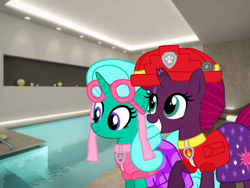 Size: 1440x1080 | Tagged: safe, artist:徐詩珮, fizzlepop berrytwist, glitter drops, tempest shadow, pony, unicorn, series:sprglitemplight diary, series:sprglitemplight life jacket days, series:springshadowdrops diary, series:springshadowdrops life jacket days, g4, alternate universe, broken horn, female, glitterbetes, horn, lesbian, paw patrol, ship:glittershadow, shipping, stock image, tempestbetes