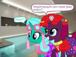 Size: 1440x1080 | Tagged: safe, artist:徐詩珮, fizzlepop berrytwist, glitter drops, tempest shadow, pony, unicorn, series:sprglitemplight diary, series:sprglitemplight life jacket days, series:springshadowdrops diary, series:springshadowdrops life jacket days, g4, alternate universe, broken horn, cute, dialogue, female, glitterbetes, horn, lesbian, paw patrol, ship:glittershadow, shipping, swimming pool, tempestbetes