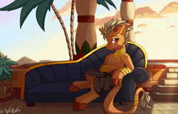 Size: 4754x3043 | Tagged: safe, alternate version, artist:avery-valentine, oc, oc only, oc:orobas, dracony, dragon, hybrid, pony, bracelet, claws, couch, egyptian, horns, jewelry, loincloth, male, neck rings, signature, sitting, solo, stallion, tongue out
