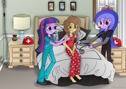 Size: 1024x725 | Tagged: safe, artist:lavenderrain24, sea swirl, seafoam, twilight sparkle, oc, oc:healing touch, equestria girls, g4, barefoot, bed, caring, checkup, clothes, equestria girls-ified, feet, lamp, nurse, pajamas, picture frame, reference, scrubs (gear), stethoscope