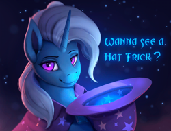 Size: 750x573 | Tagged: safe, artist:rodrigues404, edit, trixie, pony, unicorn, g4, cape, clothes, dialogue, female, hat, lidded eyes, looking at you, mare, smiling, solo, space background, still frame, text, trixie's cape, trixie's hat
