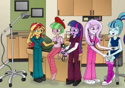Size: 1063x752 | Tagged: safe, artist:lavenderrain24, drama letter, fleur-de-lis, sonata dusk, sunset shimmer, twilight sparkle, watermelody, equestria girls, g4, background human, barefoot, beret, checkup, clothes, examining table, feet, female, giggling, hat, heartbeat, listening, midriff, nurse, nurse fleur, nurse shimmer, scrubs (gear), stethoscope, stool