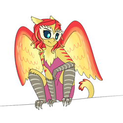 Size: 2250x2250 | Tagged: safe, artist:suchosophie, sunset shimmer, avian, bird, harpy, monster pony, original species, anthro, equestria girls, g4, alternate universe, black sclera, chest tuft, crouching, ear tufts, feather, female, high res, sharp teeth, simple background, solo, teeth, white background