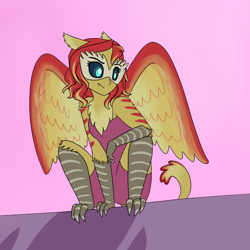 Size: 2250x2250 | Tagged: safe, alternate version, artist:suchosophie, sunset shimmer, avian, harpy, monster pony, original species, anthro, equestria girls, g4, alternate universe, black sclera, chest tuft, crouching, ear tufts, feather, female, high res, rooftop, shadow, simple background, solo, sunset, talons