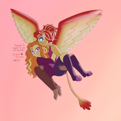 Size: 2250x2250 | Tagged: safe, artist:suchosophie, adagio dazzle, sunset shimmer, avian, harpy, human, monster pony, original species, anthro, equestria girls, g4, blushing, bridal carry, carrying, dialogue, feather, female, flirting, floating heart, flying, heart, high res, holding on, lesbian, ponytail, ship:sunsagio, shipping, sunset, text