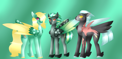 Size: 4891x2394 | Tagged: safe, artist:nobleclay, thunderlane, zephyr breeze, oc, oc:hotspot, pegasus, pony, g4, alternate design, colored hooves, colored wings, eye scar, family, feathered fetlocks, featherless wings, gay, green background, hair over one eye, high res, magical gay spawn, male, offspring, parents:zephyrlane, scar, shipping, simple background, stallion, tail feathers, trio, wings, zephyrlane