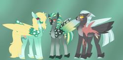 Size: 4891x2394 | Tagged: safe, artist:nobleclay, thunderlane, zephyr breeze, oc, oc only, oc:hotspot, pegasus, pony, g4, alternate design, colored hooves, colored wings, eye scar, family, feathered fetlocks, featherless wings, gay, green background, hair over one eye, magical gay spawn, male, offspring, parents:zephyrlane, scar, shipping, simple background, stallion, tail feathers, trio, wings, zephyrlane