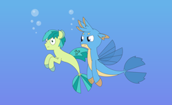 Size: 5197x3173 | Tagged: safe, artist:gd_inuk, gallus, sandbar, seapony (g4), g4, absurd resolution, bubble, duo, fin wings, gallus is not amused, gradient background, male, seaponified, seapony gallus, seapony sandbar, species swap, surprised, unamused, underwater, wings
