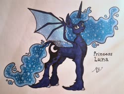 Size: 3659x2760 | Tagged: safe, artist:mesuyoru, princess luna, alicorn, pony, g4, bat wings, fanart, female, flowing mane, high res, horn, mare, simple background, solo, sparkly mane, traditional art, unshorn fetlocks, wings