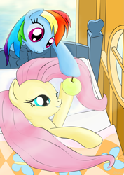 Size: 2893x4092 | Tagged: safe, artist:joycat, fluttershy, rainbow dash, pony, g4, apple, bed, blanket, female, food, lesbian, ship:flutterdash, shipping